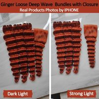 Gingembre Orange 10A 350 Vierge Cheveux Fermeture avec 3 Paquets (16 18 20 + 16) Coloré 4x4 Dentelle et Lâche Vague Profonde Coudre Bundles
