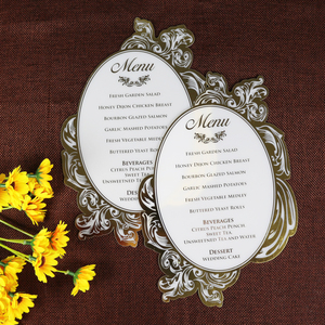 การ์ดเมนูงานแต่งงานที่หรูหราสไตล์รอยัลอะคริลิคสีขาวทองฟอยล์รูปทรงไดคัท - Product Image 5