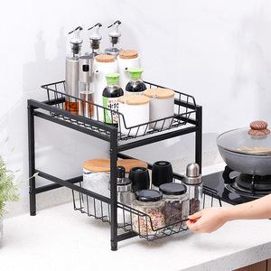 Tiroirs empilables en acier de fer noir à 2 niveaux cuisine verticale salle de bains rangement sous évier armoire organisateur d'épices - Product Image 3
