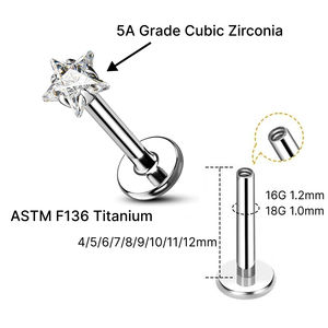 JIAXIN ASTM F136 Titane de qualité implantable, Stud <span class=keywords><strong>Labret</strong></span> à filetage interne avec motif étoile et zircone cubique, pour <span class=keywords><strong>piercing</strong></span> lèvre, tragus, hélix, bijou corporel, cadeau - Product Image 2
