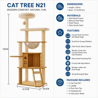 Arbre à chat moderne multi-niveaux N21 avec fenêtre panoramique, condo en bois massif, corde en sisal naturel, plateformes en peluche faciles à nettoyer, 136 cm