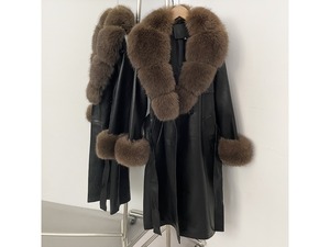 OFTBUY Giacca in Pelle PU Impermeabile Reversibile Primavera/Autunno con Collo e Polsini in Finta Pelliccia di Volpe, Cintura Lunga, Stile Moto - Product Image 2