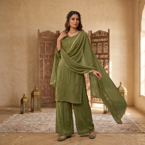 Conjunto de Salwar Kameez de Lujo en Verde Botella Tradicional, Tela Faux Georgette, Bordado Chikankari Lucknowi, Secado Rápido, Corte Recto, para Fiesta - Product Image 1