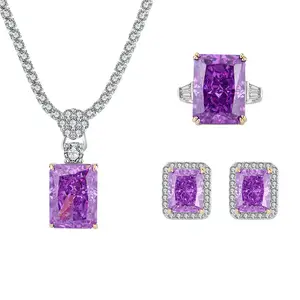 1 New style Women 925 Sterling Silver thailand jewelry set for Three-piece set Purple Gemstone Necklace Ring Earrings supplier