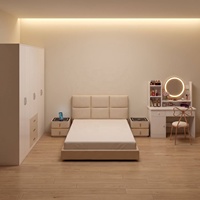 Suite de chambre à coucher moderne de luxe, lit moelleux blanc crème, ensemble 5 pièces, table de chevet intelligente à LED, matelas, lit king-size, grande armoire, dressing