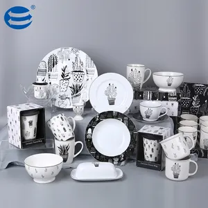Cactus Design Black and White Porcelain Dinnerware Set Plant Decal Ceramic Dinner Sets with Bowls Mugs Cups Tableware Sets
