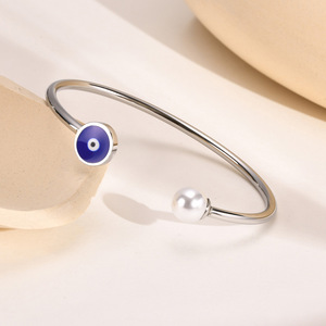 Bracelet manchette ouvert en acier inoxydable avec perle œil porte-bonheur pour femme, réglable, étanche, anti-décoloration, bijou de luxe pour usage quotidien - Product Image 4