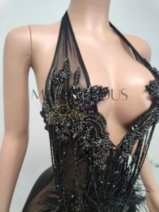 Robe moulante en jersey à col montant MF Feather, sexy, pour femmes, boîte de nuit, 2025, mini robe noire en strass, respirante, empire, pour anniversaire - Product Image 5