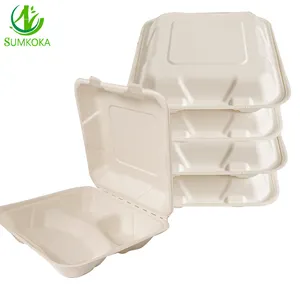 SUMKOKA 8 Inch Biodegradable To Go Box Compostable Square Clamshell Sugarcane Bagasse Boxes Biodegradable Sugarcane Bento Box