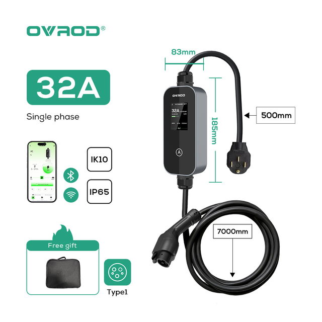 Ovrod Type 1 Level 2 Portable EV Charger  32A  EVSE 240V Outdoor Waterproof Charging Gun
