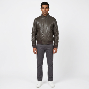 Autumn Winter Vintage Classic Cow Skin <b>Leather</b> <b>Jacket</b> for <b>Men</b> Breathable Stand Collar with Nonwoven Weaving and Pockets - Product Image 1