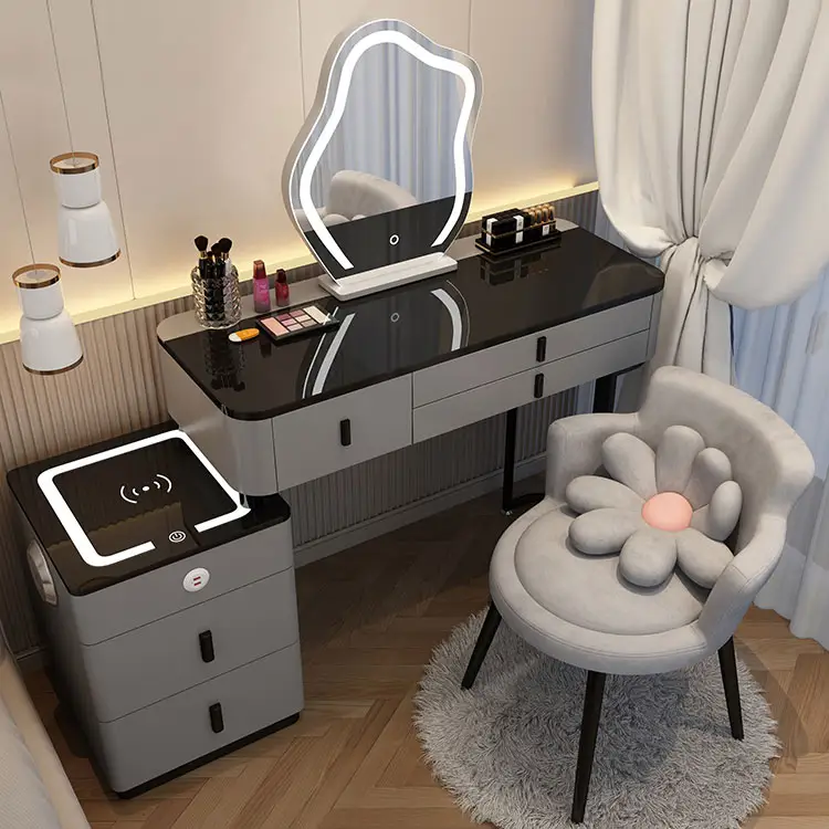 Grosir murah multifungsi pengisian daya nirkabel meja rias putri konversi kamar tidur rias pintar dengan cermin LED