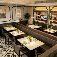 Table carrée en pierre, chaise en cuir, banquette longue grise, mobilier de restaurant moderne pour salon de thé, usage commercial