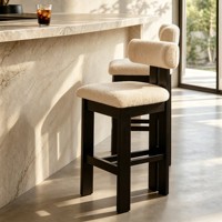Tabourets de bar vintage français en bois massif avec assise en laine sherpa et repose-pieds rembourrés, sans accoudoirs, pour îlot de cuisine, comptoir, maison, café, mobilier