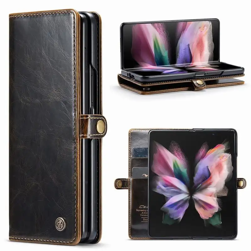 Leather Phone Case For Samsung Galaxy Z Fold 3 Cover Retro Business wallet Flip Bookcase With Card Slots Full Protector Z Fold3