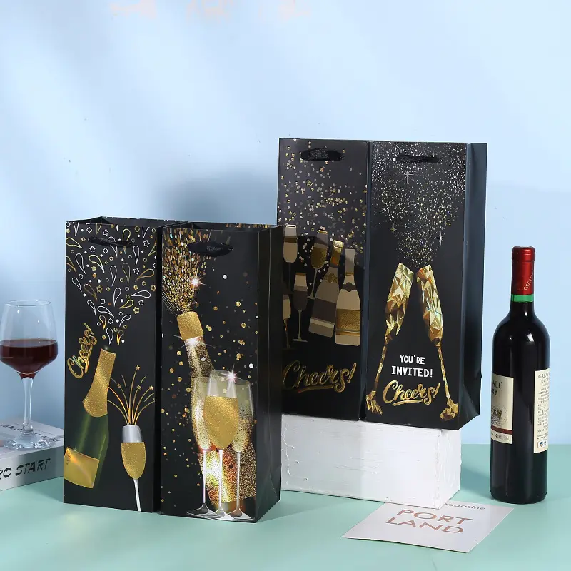 Custom Logo Luxury Wine Boutique Shopping Bag Elegant Wine Paper Gift Bags With Ribbon Handles