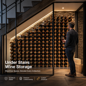 Range-bouteilles mural personnalisé en bois et métal pour <span class=keywords><strong>cave</strong></span> <span class=keywords><strong>à</strong></span> <span class=keywords><strong>vin</strong></span> <span class=keywords><strong>sous</strong></span> les escaliers, présentoir <span class=keywords><strong>à</strong></span> bouteilles, fabrication en bois écologique, approvisionnement direct usine, contrôle qualité complet - Product Image 1