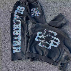 Completo da uomo invernale ricamato oversize vintage lavato con felpa corta con grafica effetto <span class=keywords><strong>schizzi</strong></span> <span class=keywords><strong>di</strong></span> vernice e pantaloni della tuta a gamba larga, stile hip-hop - Product Image 1