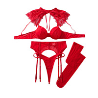 Ensemble de lingerie sexy Deep Love noir et rouge, élégant, en maille transparente et dentelle, avec châle respirant et bas.