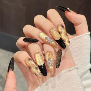 <span class=keywords><strong>Uñas</strong></span> Postizas Acrílicas de Cobertura Completa Estilo Francés Negro <span class=keywords><strong>con</strong></span> Ojo de Gato <span class=keywords><strong>Dorado</strong></span> Brillante, <span class=keywords><strong>Uñas</strong></span> Exquisitas Talladas a Mano <span class=keywords><strong>con</strong></span> Pegamento para Dedos - Product Image 4
