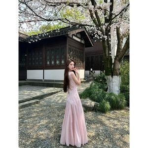 Vestido sin mangas rosa con cuello en U para mujer, ajustado, con cintura ceñida, falda larga de encaje tipo lápiz, transpirable, dulce, informal para el día a día. - Product Image 1