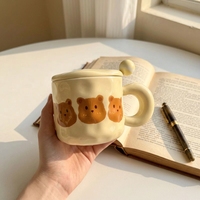 Ensemble de tasses en céramique Kawaii Bear, style girly, poignée irrégulière et dodue, 400 ml, passe au lave-vaisselle et au micro-ondes, avec couvercle et cuillère pour café/lait