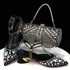 Women's <b>pointed</b>-<b>toe</b> strappy sandals, lace-up diamond-studded low-heeled shoes + round tube fringed handbag - Product Image 6