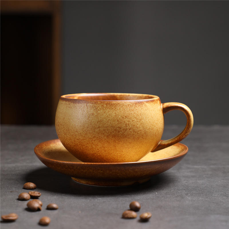 Tasse et soucoupe rondes ambrées, motif ventre arrondi - marron - 180 ml