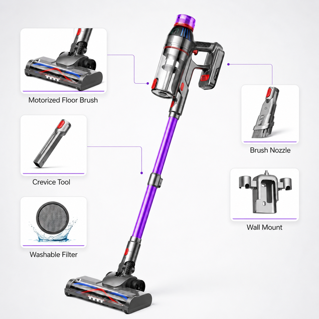 Cordless Stick Vacuum Cleaner HEPA Filter Brushless Motor LED Light Lightweight Portable for Home Hotel Car