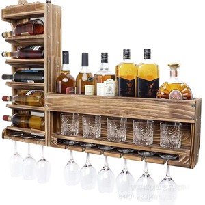 Estante de vino de madera para montar en la pared, de 3 niveles, con soporte para copas, para exhibir en el bar del hogar. - Product Image 1
