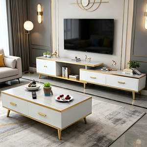 Mobile <span class=keywords><strong>TV</strong></span> Moderno in Legno con Tavolino da Caffè, Combinazione Regolabile da Terra per Soggiorno, Nuovo Arrivo, Design Arrotondato, Adatto a <span class=keywords><strong>TV</strong></span> da 65+ Pollici - Product Image 6