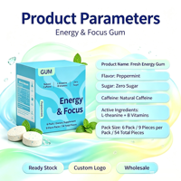 Permen Karet OEM Focus Energy Vitamin Suplemen Pra-Latihan Tanpa Gula Rasa Peppermint Dingin Vitamin B L-Theanine