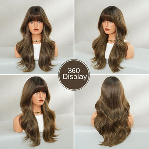 Perruque synthétique résistante à la chaleur pour femmes de 24 pouces <span class=keywords><strong>avec</strong></span> style de vague naturelle, brun fluorescent, <span class=keywords><strong>cheveux</strong></span> bouclés de longueur moyenne et <span class=keywords><strong>frange</strong></span> - Product Image 5