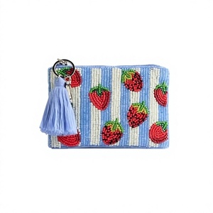 Beaded <b>Coin</b> <b>Purse</b> Mini Striped Strawberry Pattern Handmade Zipper Closure Bohemian Style Unisex Portable Detachable Strap - Product Image 1