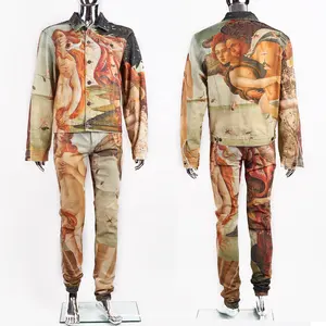 Jaqueta e calças jeans masculinas, conjunto personalizado de subolmação para homens com estampa digital de duas peças, jaqueta e calças de cowboy
