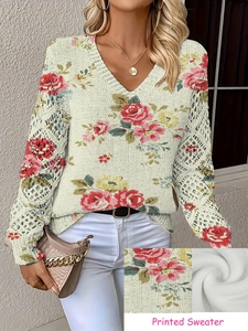 Vintage bloementrui voor dames, crèmewitte rozenprint, gebreide V-hals, gehaakte mouw, ontspannen trui, romantisch lente-herfst chic - Product Image 1