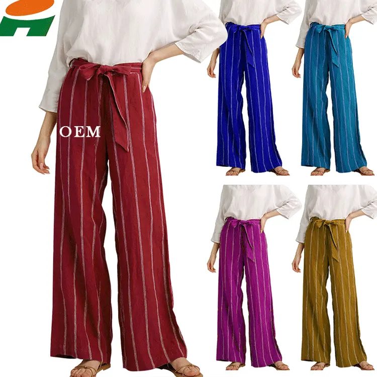 straight leg pants Loose casual cotton linen high waisted gray women linen custom wide leg pants for ladies