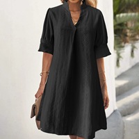 Robe courte décontractée pour femme, col en V, col montant, style européen et américain, manches courtes évasées, broderie géométrique, couleur unie