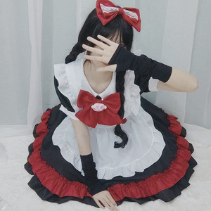 Black And <b>Red</b> Maid Outfit V Neck A Line Lolita Dress With <b>Bow</b> Headband And Apron For Halloween Or Cosplay - Product Image 1
