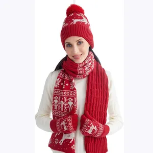 Wholesale Christmas Gift Thickness Acrylic Jacquard Knitted Pom Pom Winter Warm Thermal Hat Scarf And Gloves