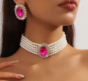 مجموعة قلادة لؤلؤ تقليد متعددة الطبقات أمريكية فخمة من الكريستال الهندسي مجوهرات عصرية لحفل الزفاف - Product Image 2