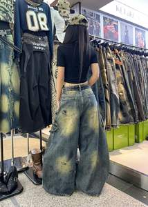 Jean cargo taille haute pour femme, coupe droite à jambe large, en denim, multi-poches, style vintage délavé, streetwear - Product Image 3