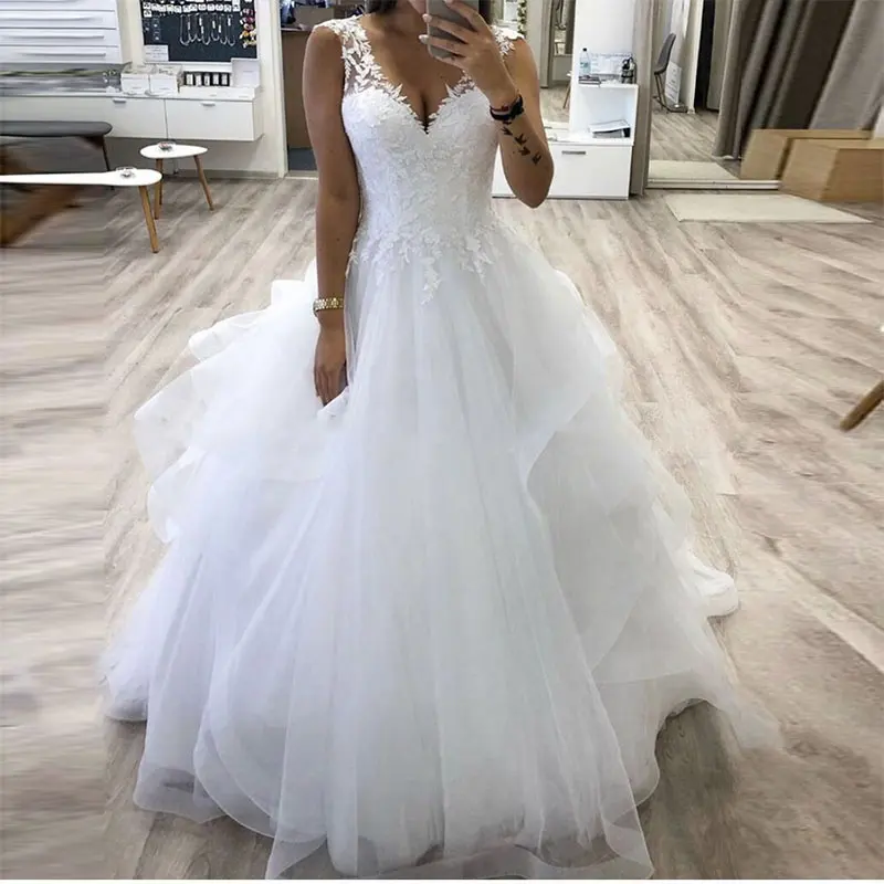 Mumuleo Princess White A Line Wedding Dresses Bridal Gowns Puffy Tiered Tulle Skirt Sleeveless Long Floor Length Bride Dress