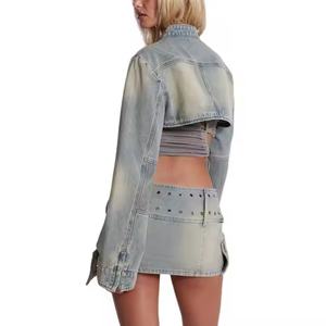 Nuevo Conjunto de Mezclilla para Mujer de Alta Calidad, Top Corto Sexy con Hombros Caídos, Minifalda en Línea A, Mezclilla Deslavada con Efecto Ácido - Product Image 3