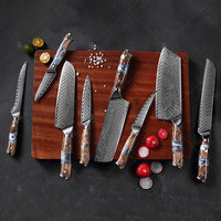 Ensemble de 6 couteaux de cuisine japonais en acier Damas KEENHOPE VG10 10Cr15CoMoV avec manche en résine composite bois d'érable chevron