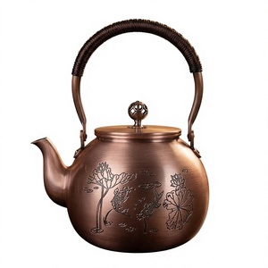 Traditional Chinese Metal Tea Kettle With <b>Lid</b> And Handle Copper Color Floral Design Water <b>Pot</b> - Product Image 6