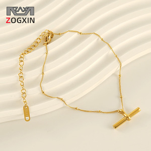 ZOGXIN Gold Plated Stainless Steel T-Bar Anklet Women's Fashion Foot Ornament Geometric Design Gift Jewelry - Product Image 1