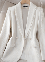 Blazer décontracté pour femme grande taille, couleur unie, en tweed de haute qualité, veste de costume à simple boutonnage