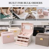 Boîte à bijoux rectangulaire de luxe avec logo personnalisé, 3 étages, en cuir PU, avec miroir, tiroirs, serrure et poignée