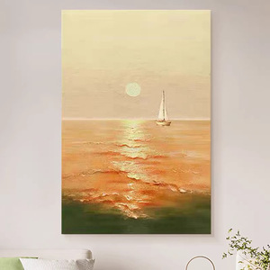 Pintura al óleo pintada a mano, cuadro rectangular impresionista con escena de velero al atardecer, arte de pared minimalista moderno para sala de estar y entrada - Product Image 4